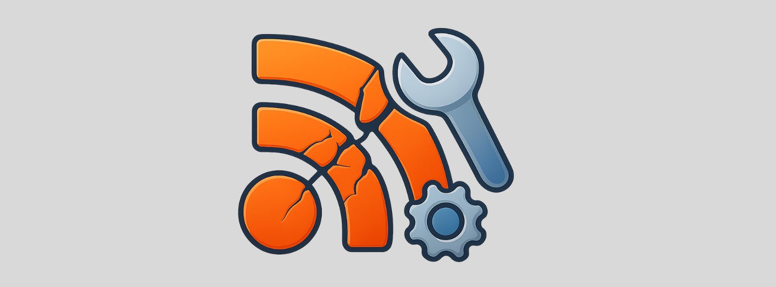 Broken RSS feed icon with repair tools overlay showing troubleshooting workflow